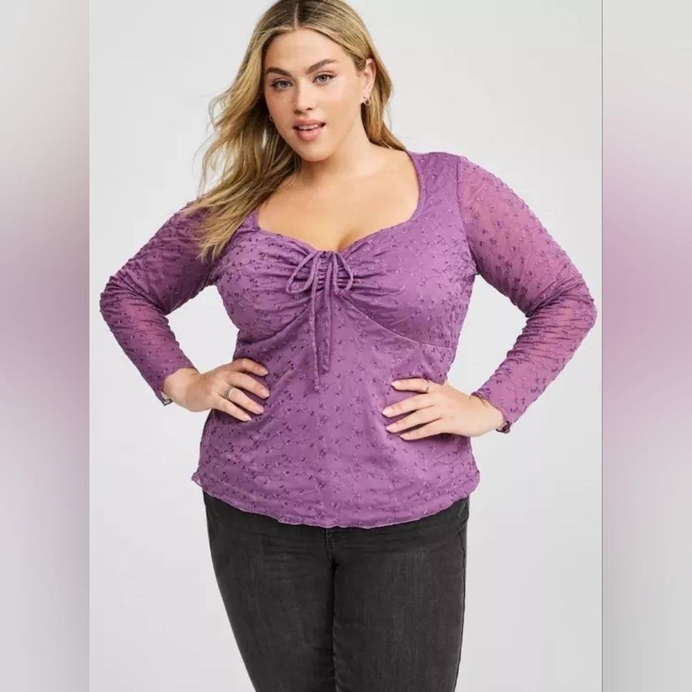 Torrid Stretch Embroidered Mesh Tie Front Long Sleeve Top Grape Purple 2x New